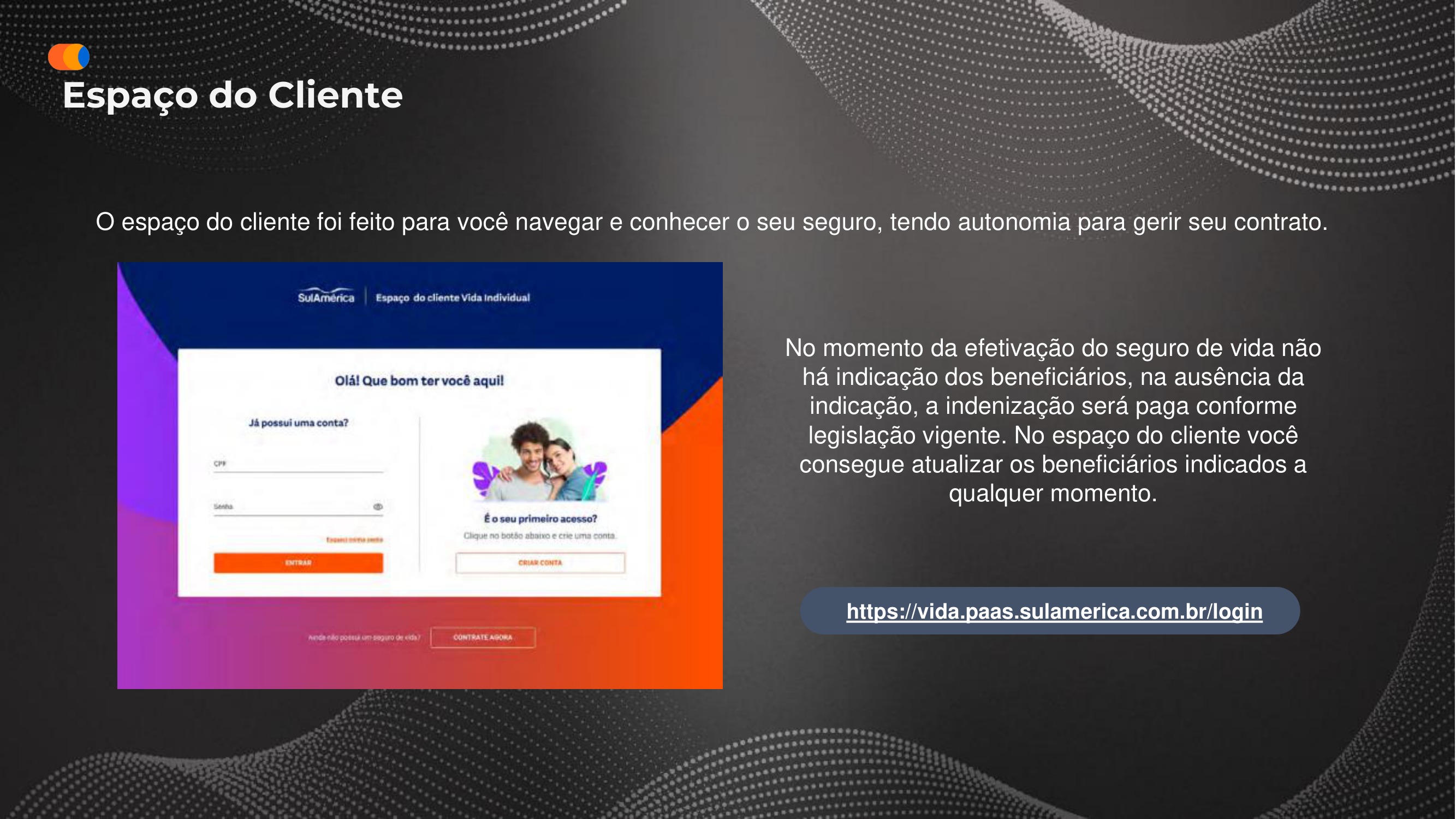 Espaço do Cliente SulAmérica para login e gestão de beneficiários, atualização de dados e consulta de contratos.